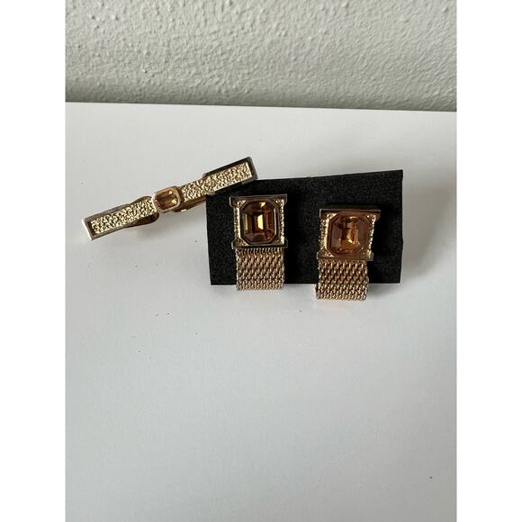 SWANK Gold Tone Citrine Champagne Color Cufflinks Tie Clip Set - Picture 8 of 9